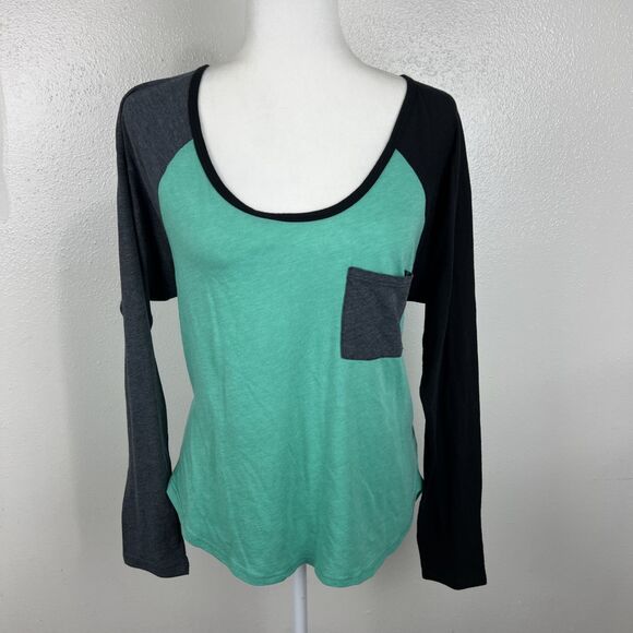 Volcom Shirt Women Extra Large Green Black Raglan Lightweight Baseball L/S Tee - Picture 14 of 14